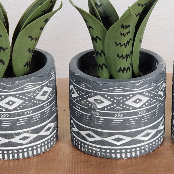 Faux Plants in Grey Tribal Print Faux Cement Pots Set of 3 4"Wx9"H - Picture 2 of 16